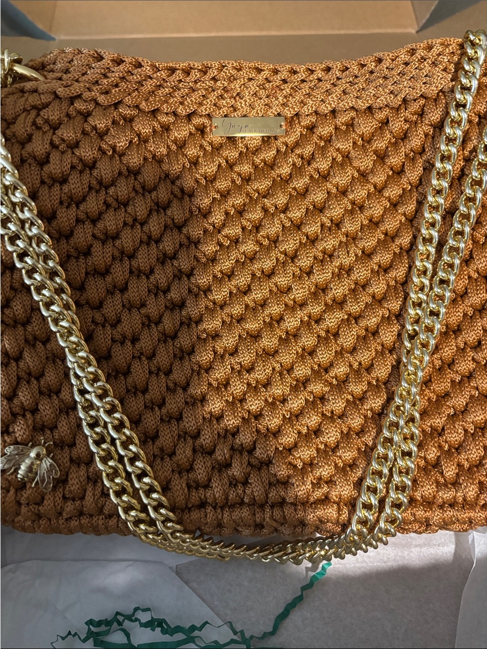 Yaya crochet thick Knit Shoulder Bag with Gold Chain Strap -caramel